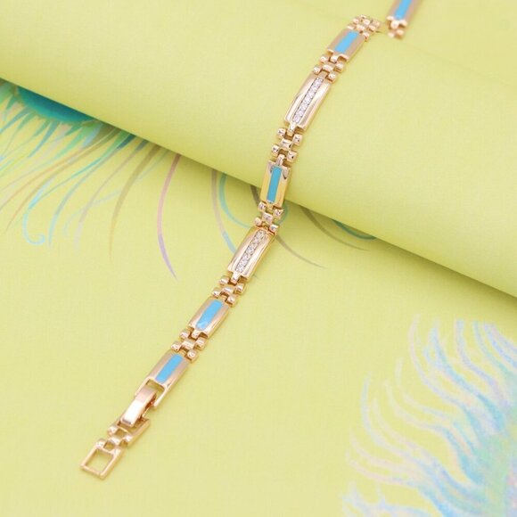 "Elegant Rose Gold Bracelet with Blue Enamel and CZ Accent Links, XPBL0738 - Picture 6 of 12